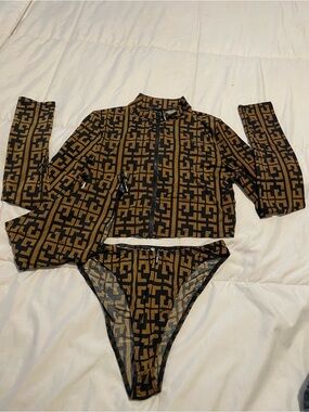 Fashion Nova Geometric Print 3 Piece Set in Brown and Black